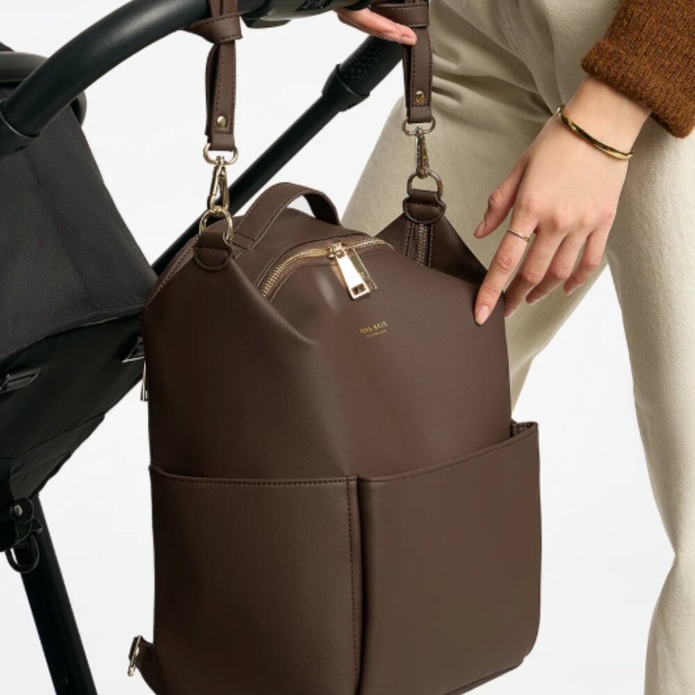 Mina Baie Winnie Backpack Vegan Leather Midi Coco Brown & Stroller Hooks EUC - Picture 5 of 10